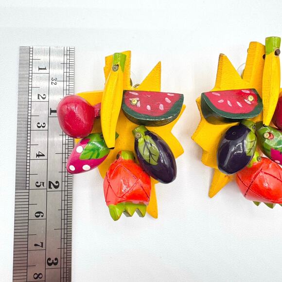 Vintage Huge Fruit Salad Earrings Hand Painted Wood Kitschy Funny Gaudy Wacky - Picture 9 of 12